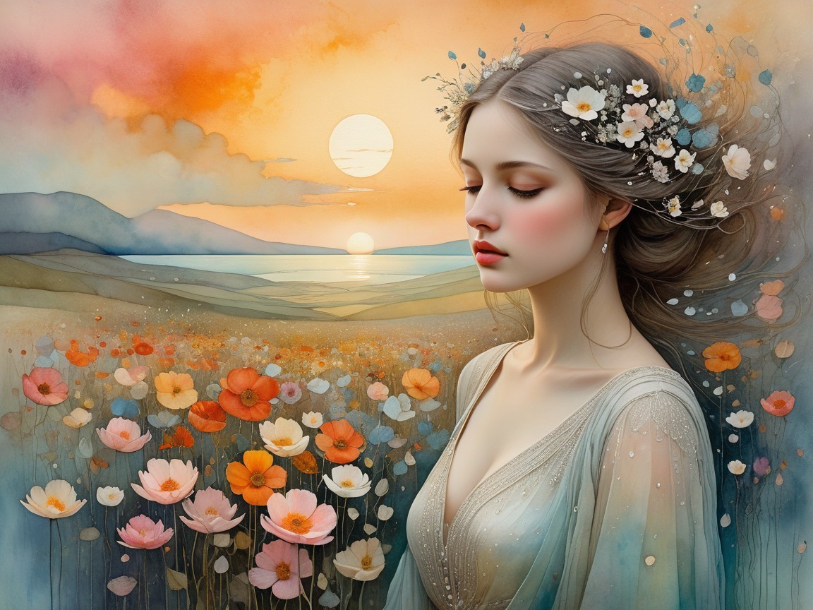 Serene girl in a vibrant flower field at sunset