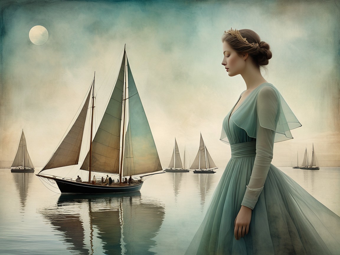 Young Woman by Water with Sailboats and Moonlight
