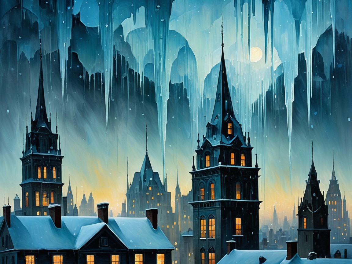 Icy Wonderland Cityscape with Snow-Covered Buildings