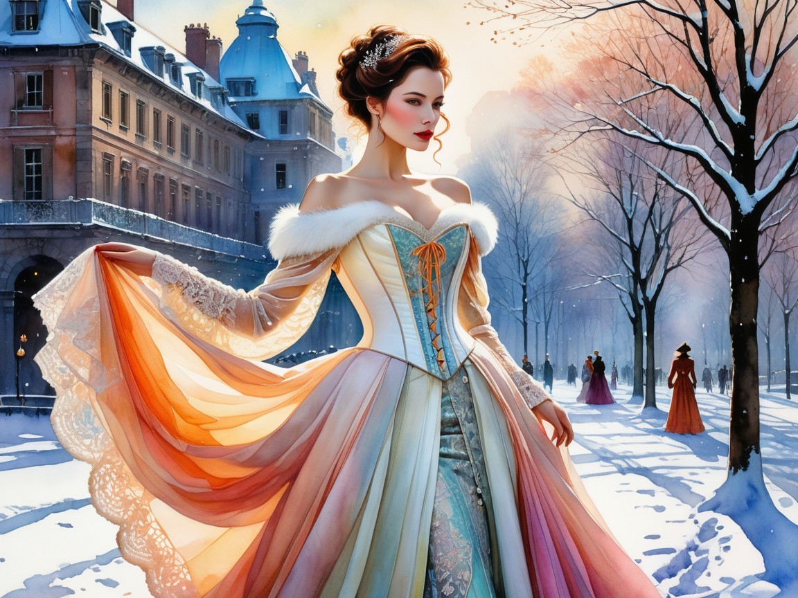 Elegant Woman in Pastel Gown in Snowy Park Setting