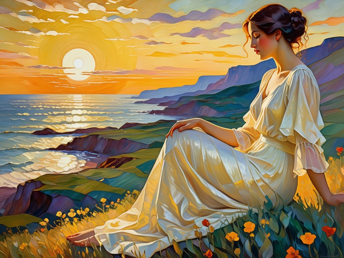 Vibrant Stained Glass Painting of Woman by Ocean Sunset