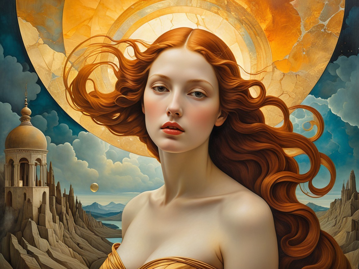 Serene Woman in Golden Garment Against Ethereal Landscape