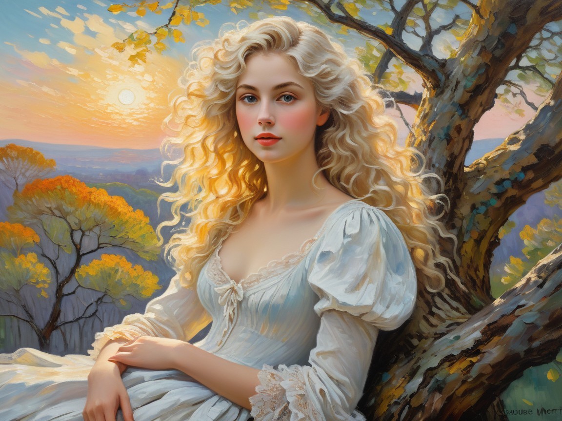 Young Woman in Lace Dress Against Sunset Background