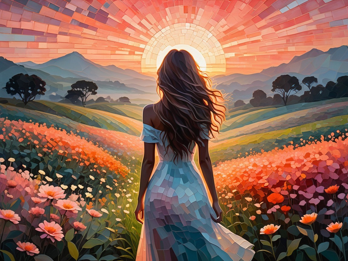 Serene Sunrise Landscape with Blooming Flowers