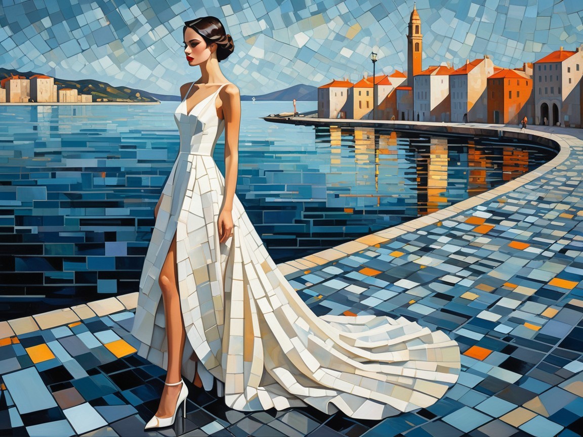 Mosaic Artwork of Woman in White Dress by Water Promenade