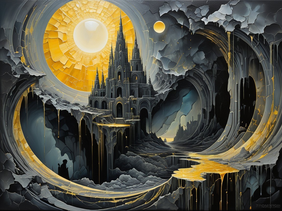 Surreal Landscape with Castle and Reflective Waterway