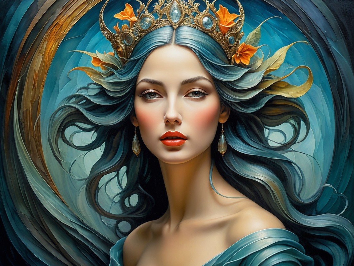 Portrait of a Woman with Blue Hair and Crown