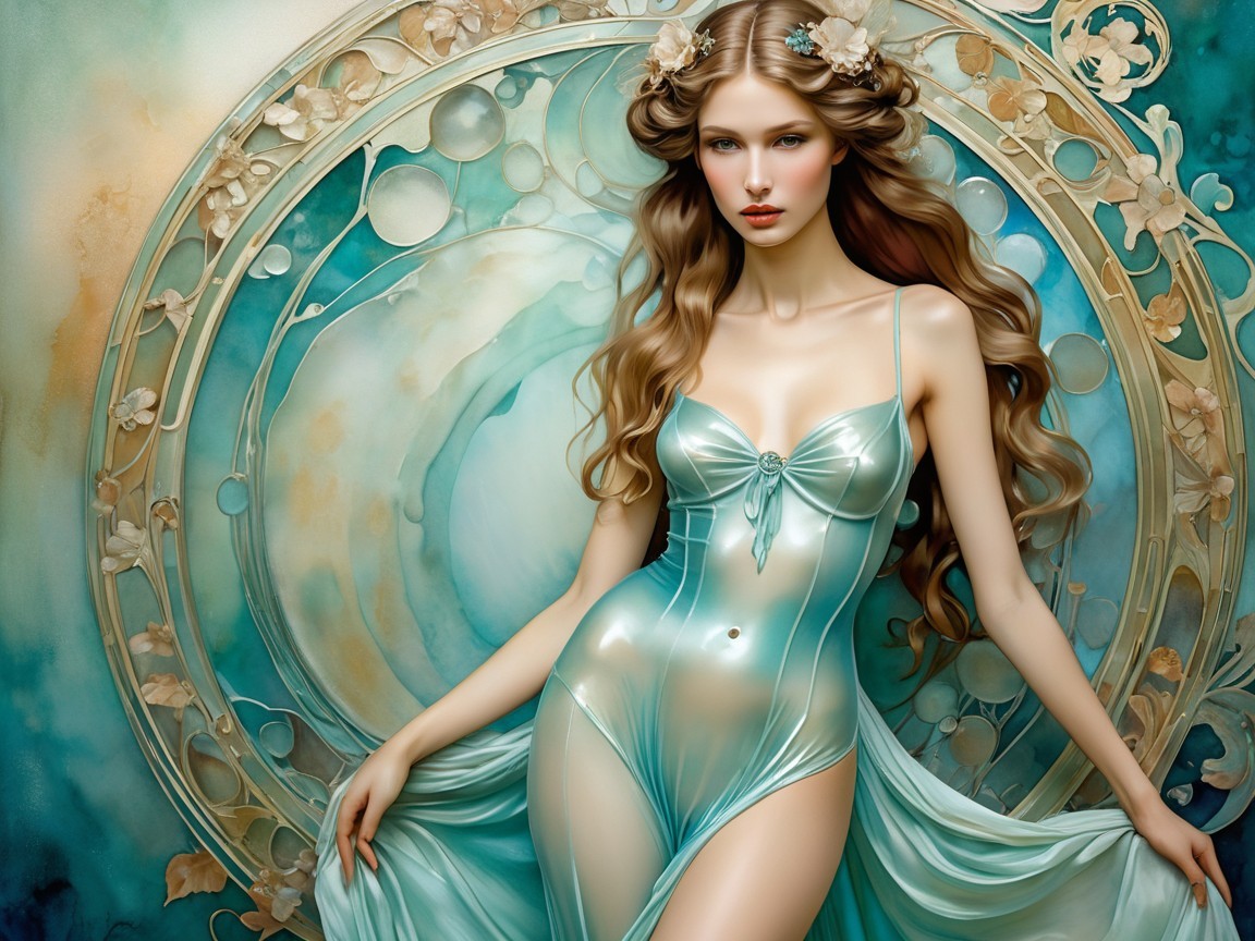 Ethereal Figure in Teal and Gold Dreamy Backdrop
