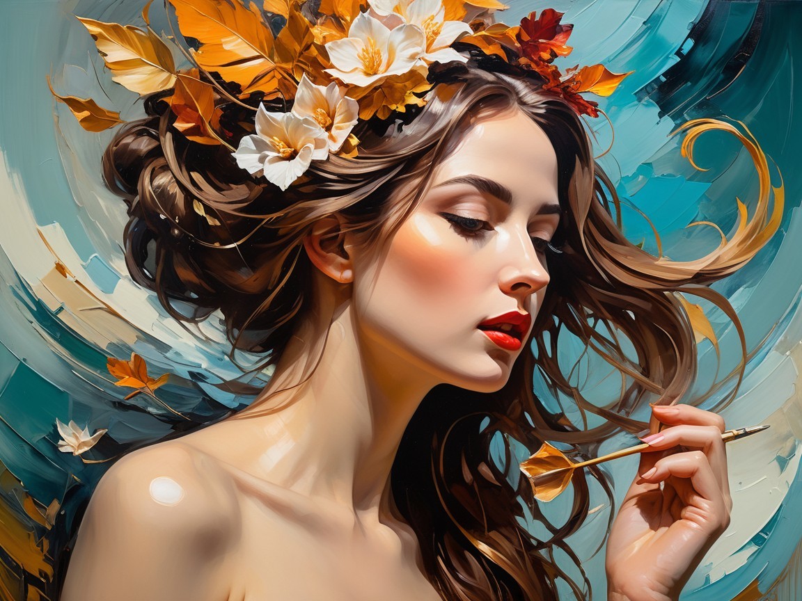 Woman with Wavy Hair and Autumn Leaves in Soft Light
