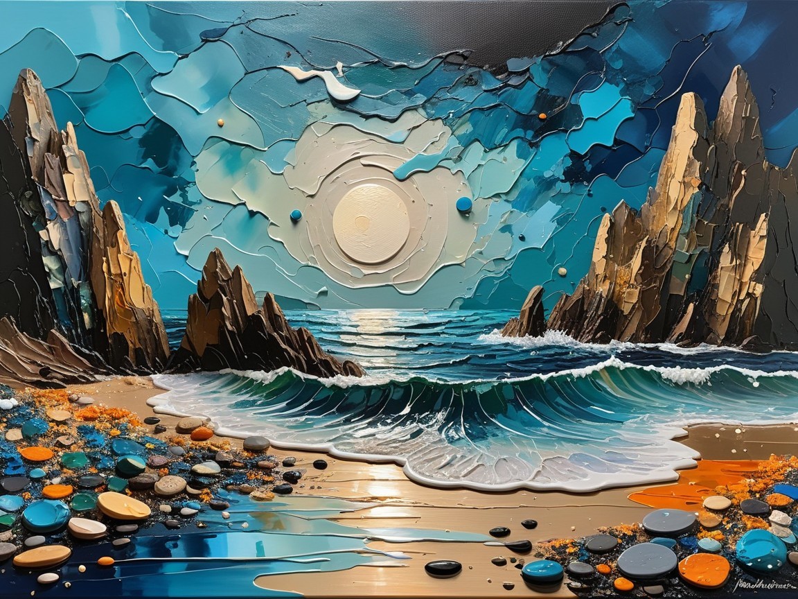 Vibrant Seascape Painting with Rocky Cliffs and Waves