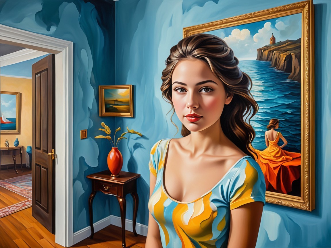 Young Woman in Colorful Shirt in Bright Room