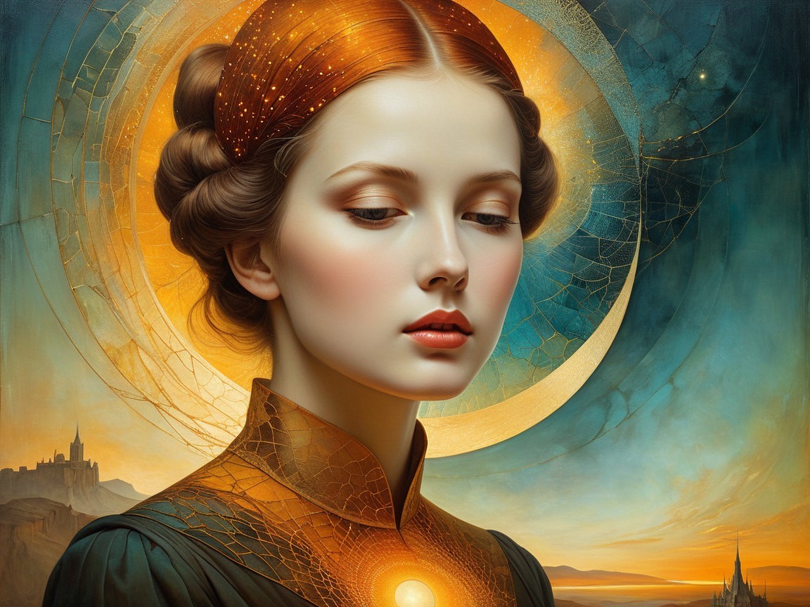 Young woman with serene expression and mystical glow