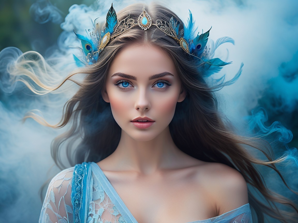 Mysterious Woman in Ethereal Blue Gown and Crown