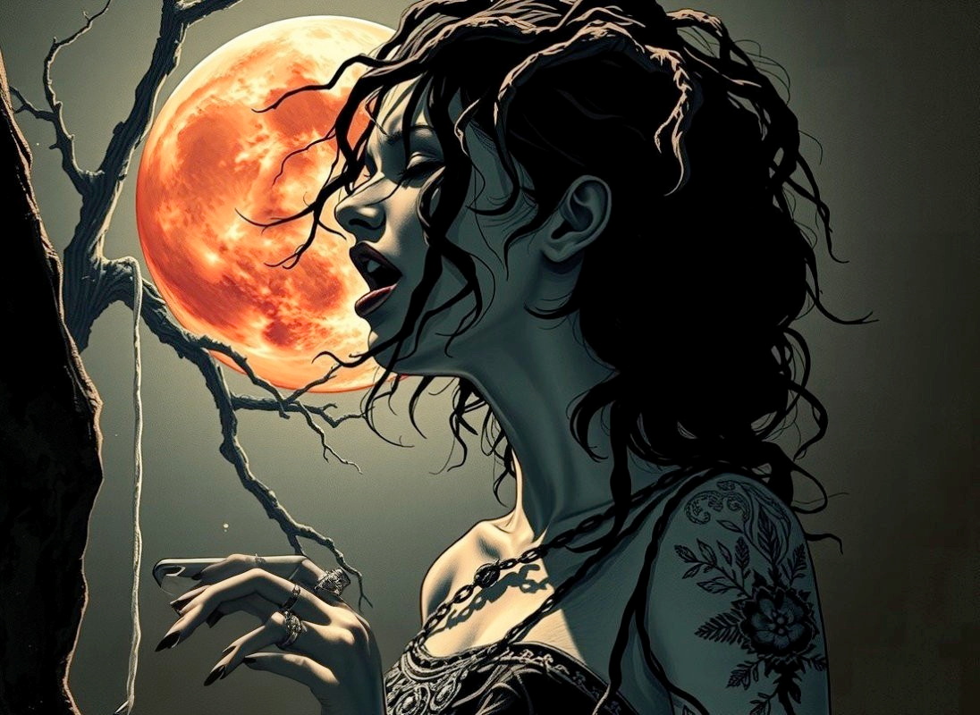 Mysterious Woman Silhouetted Against a Blood-Red Moon