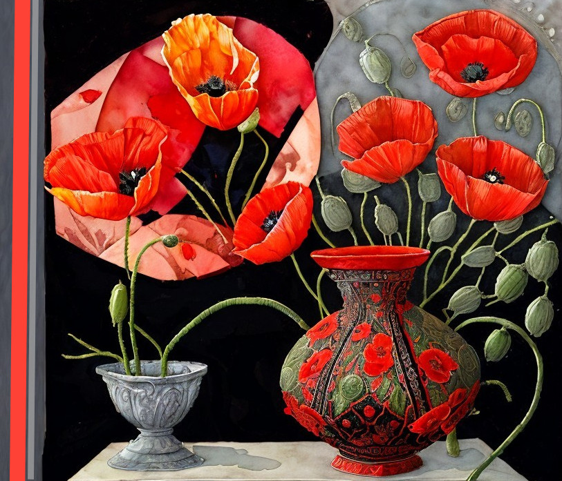 Vibrant Red Poppies in Ornate Vase and Pot