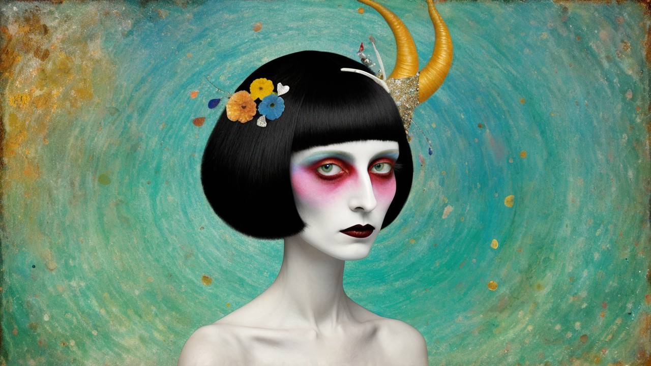 Portrait of a Woman with Flowers and Horns in Teal Background