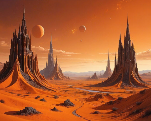 Surreal Landscape with Gothic Spires and Orange Dunes