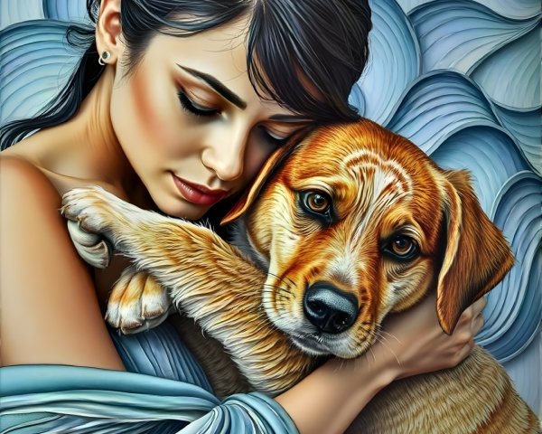 Woman and Golden Retriever Puppy in Whimsical Setting