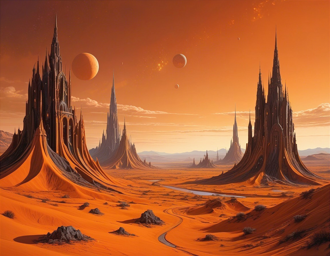 Surreal Landscape with Gothic Spires and Orange Dunes