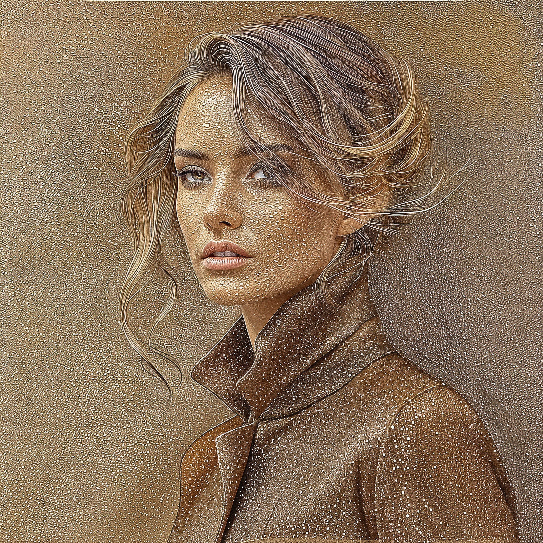 Stylized portrait of a woman in a textured coat