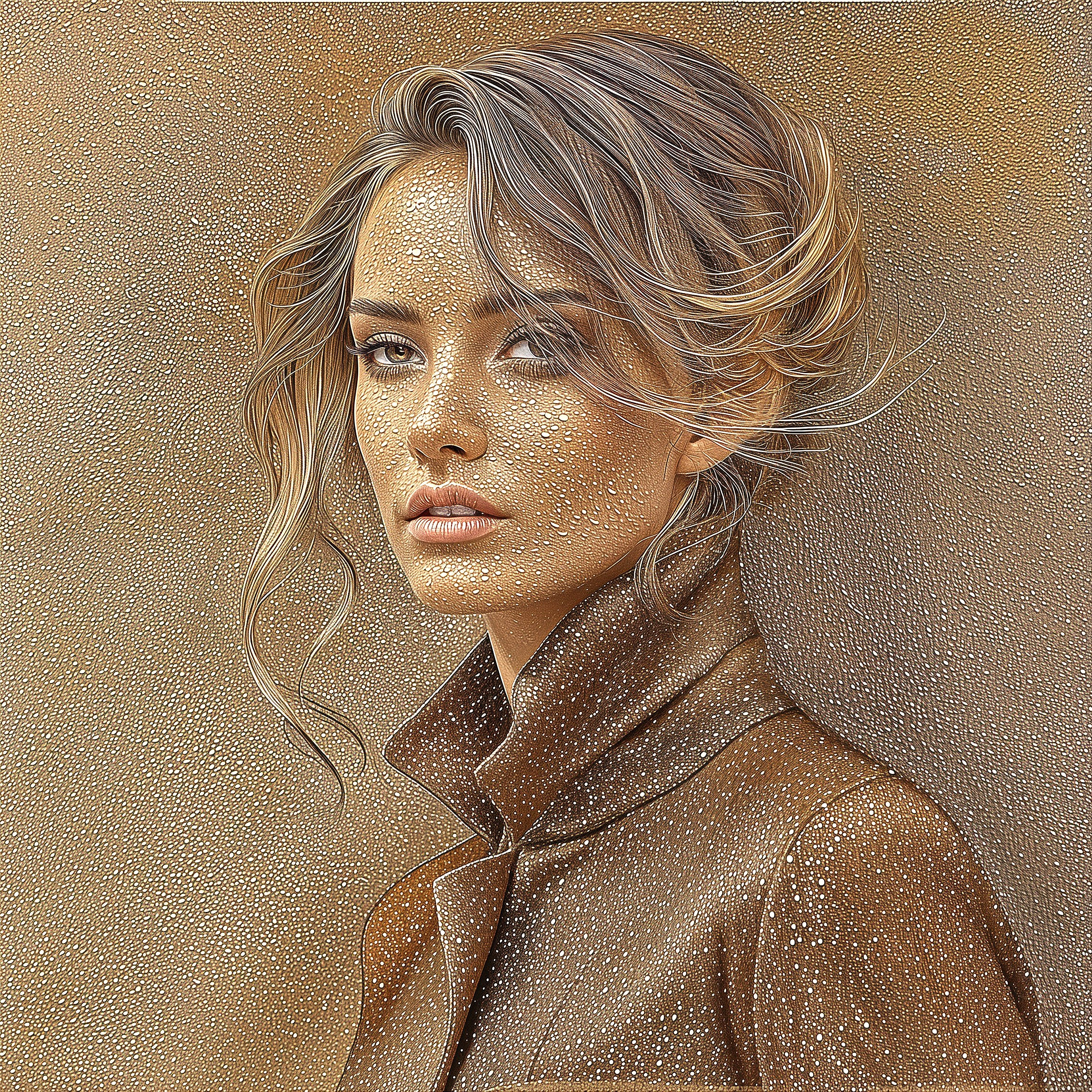 Stylized portrait of a woman in a textured coat