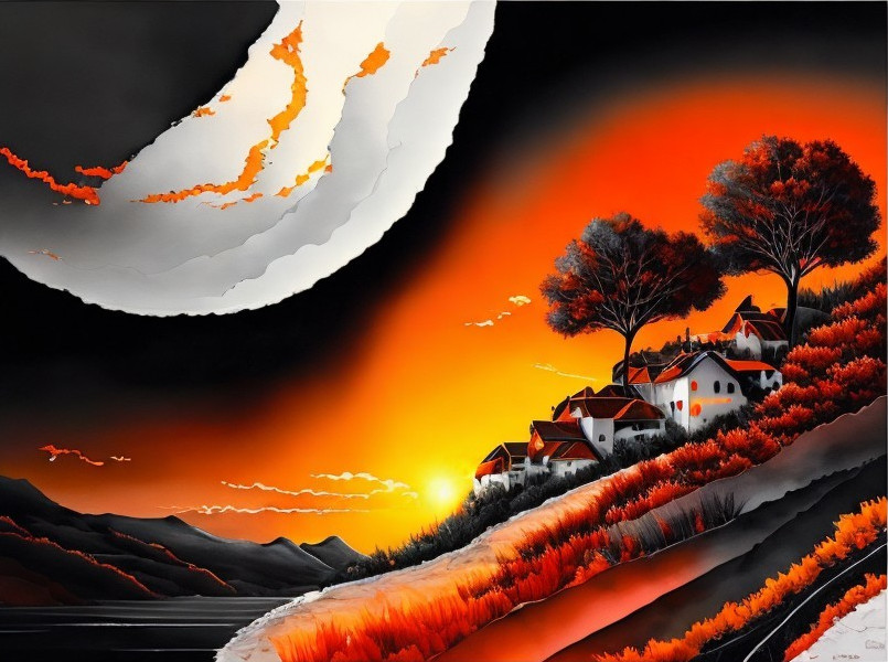 Dramatic Landscape with Moon and Vibrant Foliage