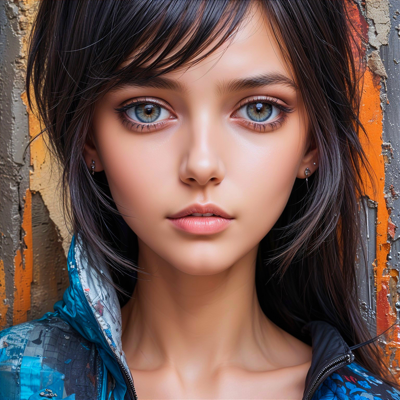 Portrait of a young woman with blue eyes and dark hair