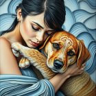 Woman and Golden Retriever Puppy in Whimsical Setting