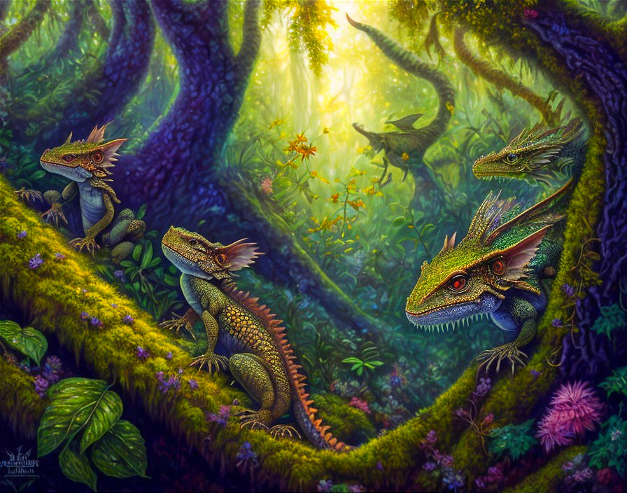 Dragon-like Creatures in a Mystical Forest Setting