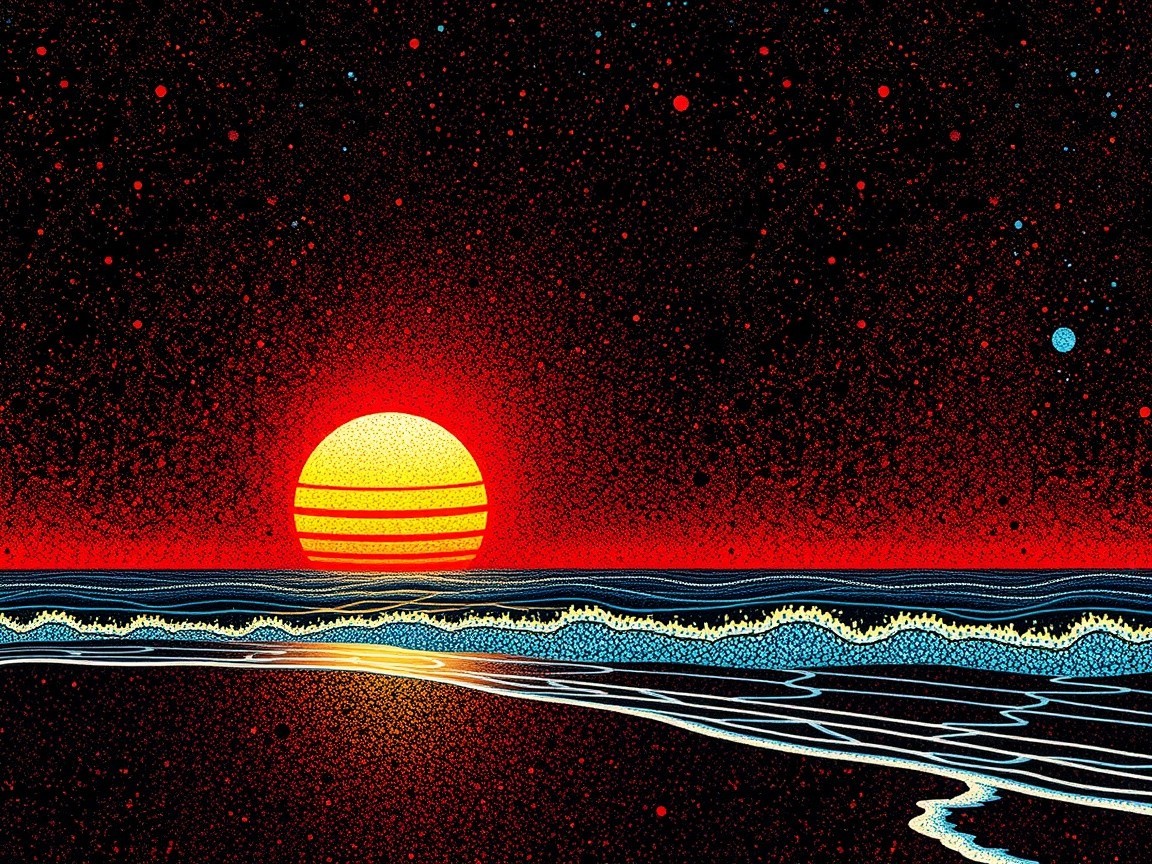 Vibrant Sunset Over Tranquil Ocean with Stars and Planet