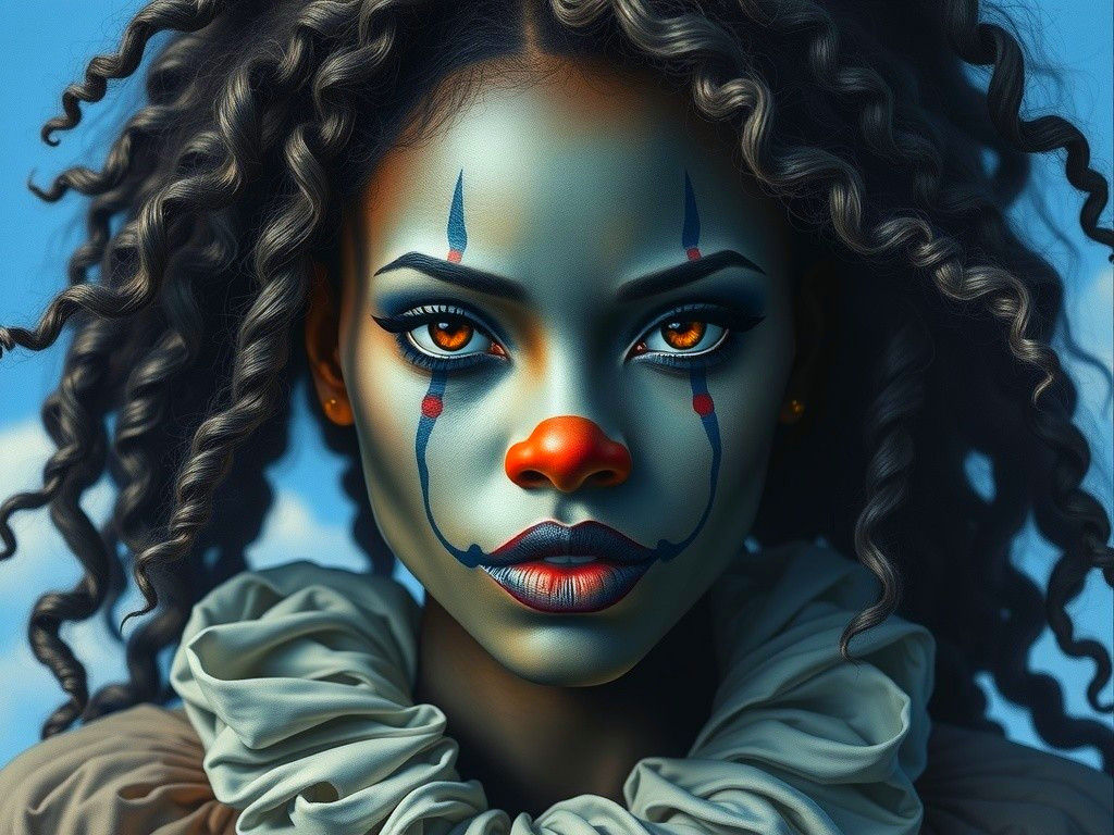 Vibrant Clown-Themed Portrait of a Woman with Curly Hair