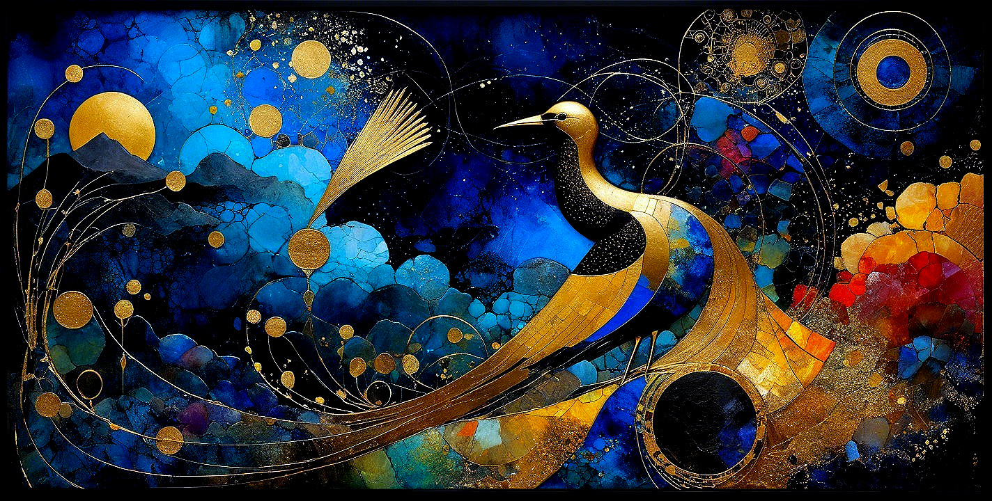 Vibrant Artwork of a Stylized Peacock in Cosmic Scene