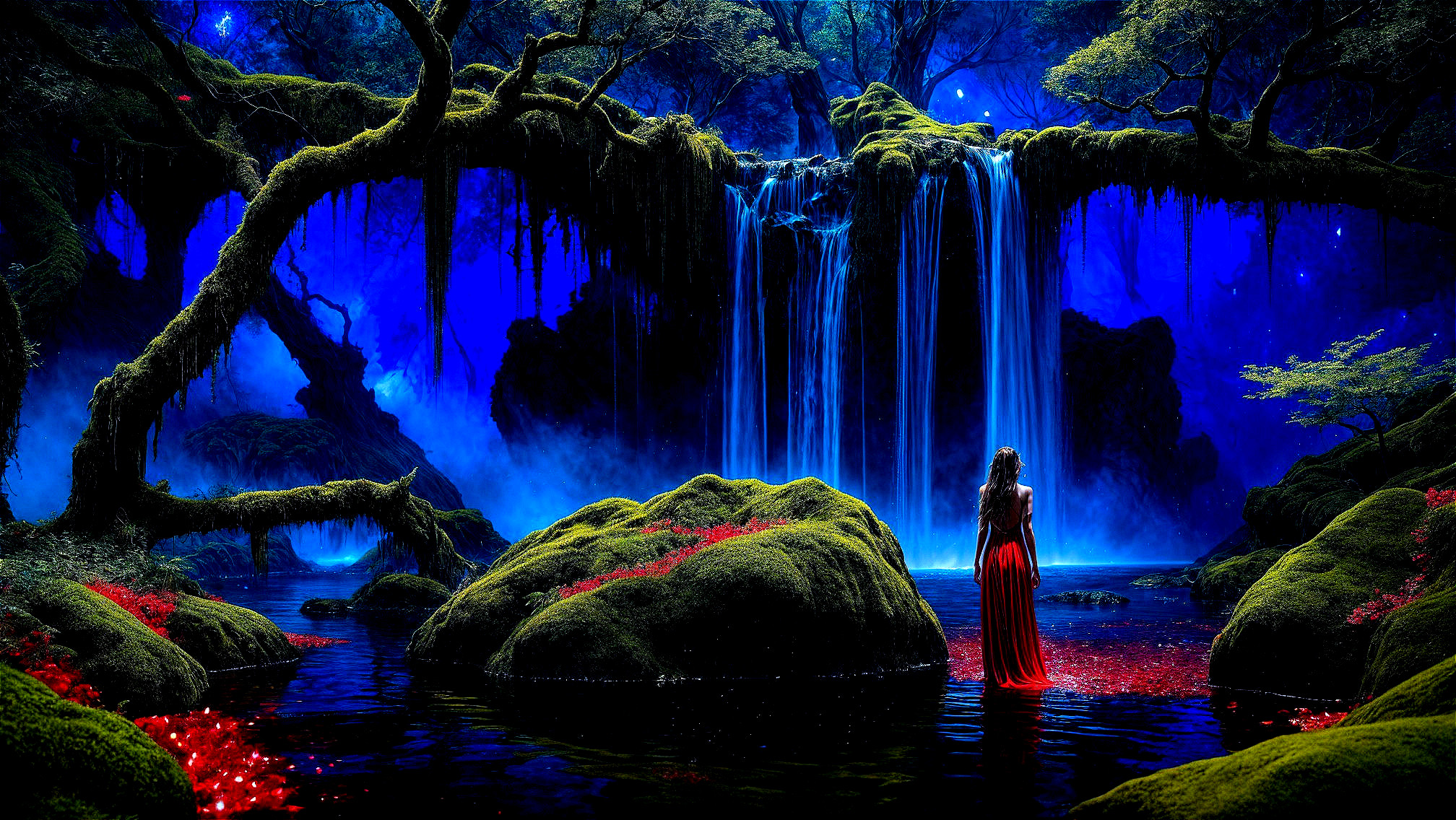 Mystical Landscape with Waterfall and Ethereal Light