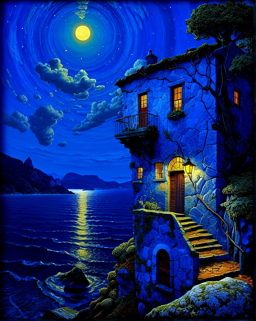 Twilight Scene of Stone House by Tranquil Sea