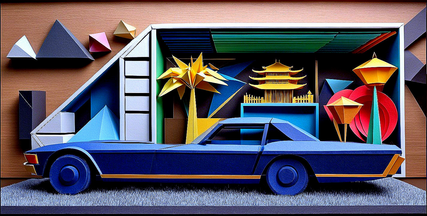 Three-Dimensional Paper Art of a Stylized Car