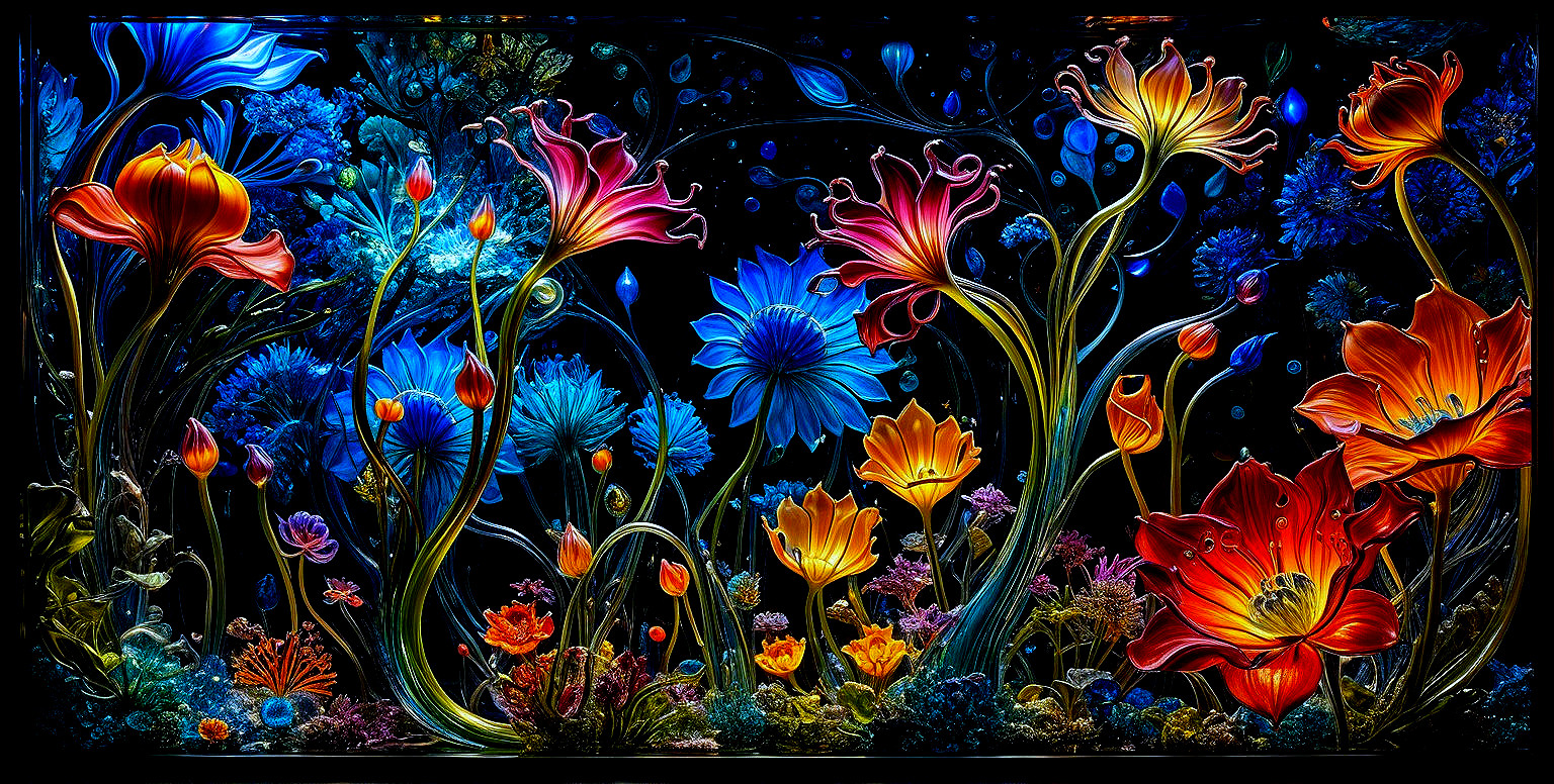 Surreal Garden with Colorful Glowing Flowers