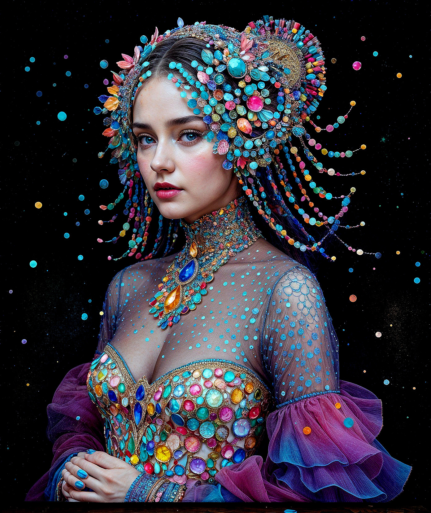 Colorful figure in intricate outfit with shimmering jewels