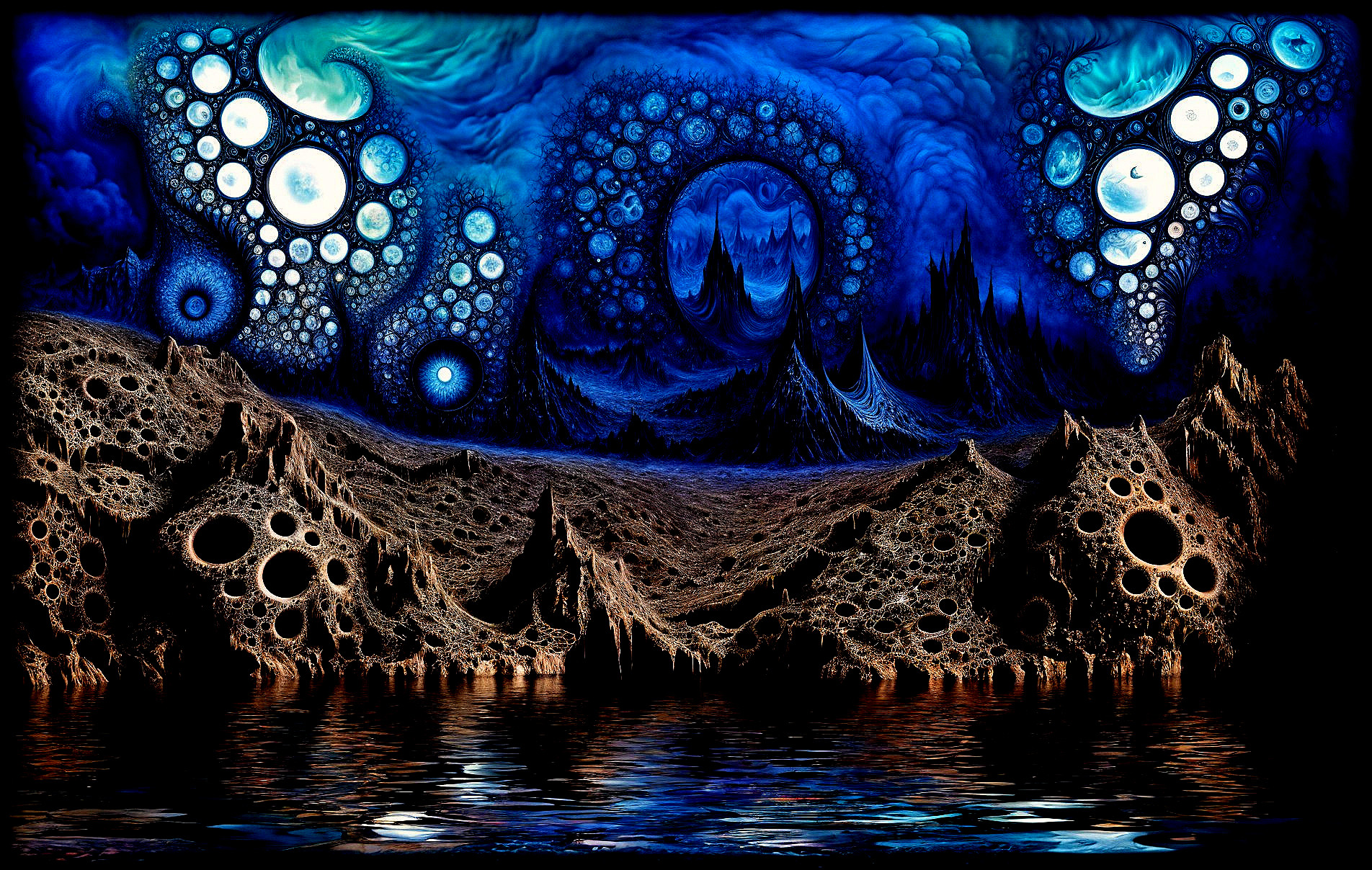 Surreal Landscape with Jagged Mountains and Cosmic Sky