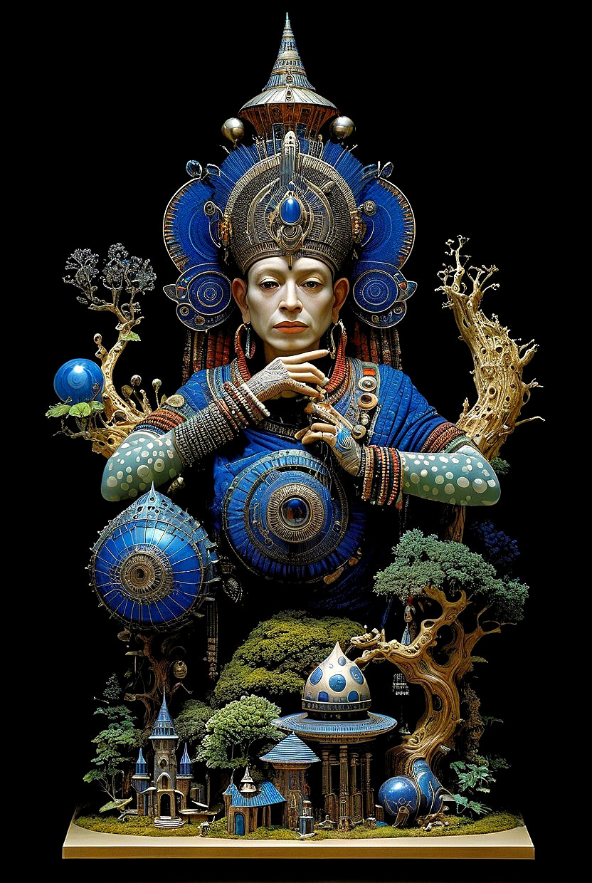 Sculpture of Central Figure in Blue Attire and Patterns