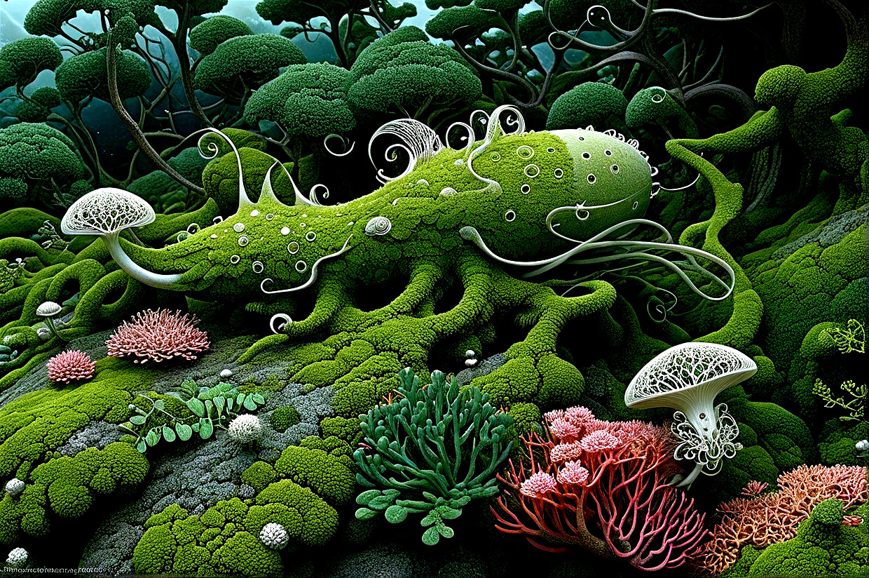 Surreal Undersea Landscape with Vibrant Flora and Fauna