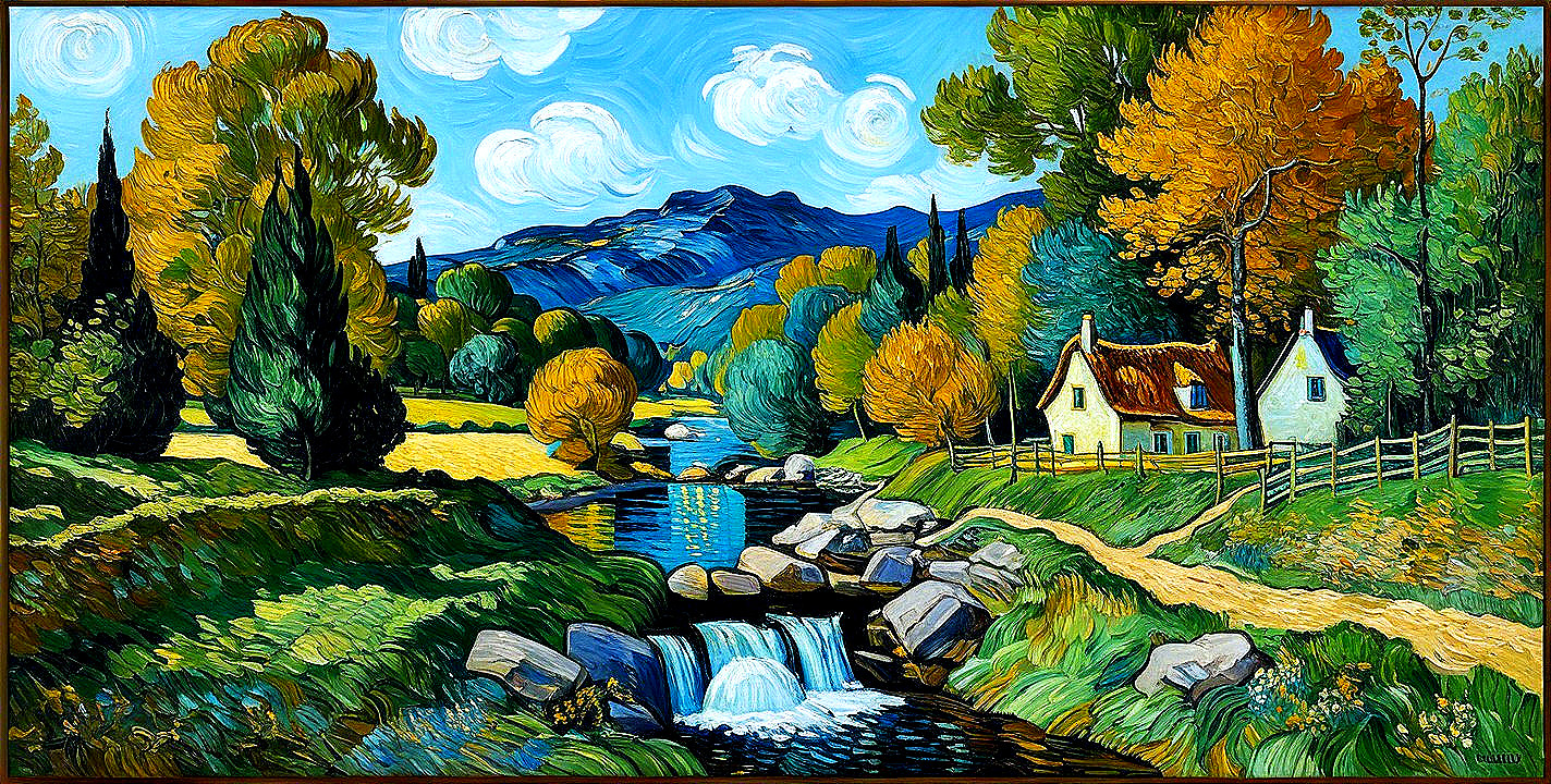 Vibrant Autumn Landscape with River and Cottage