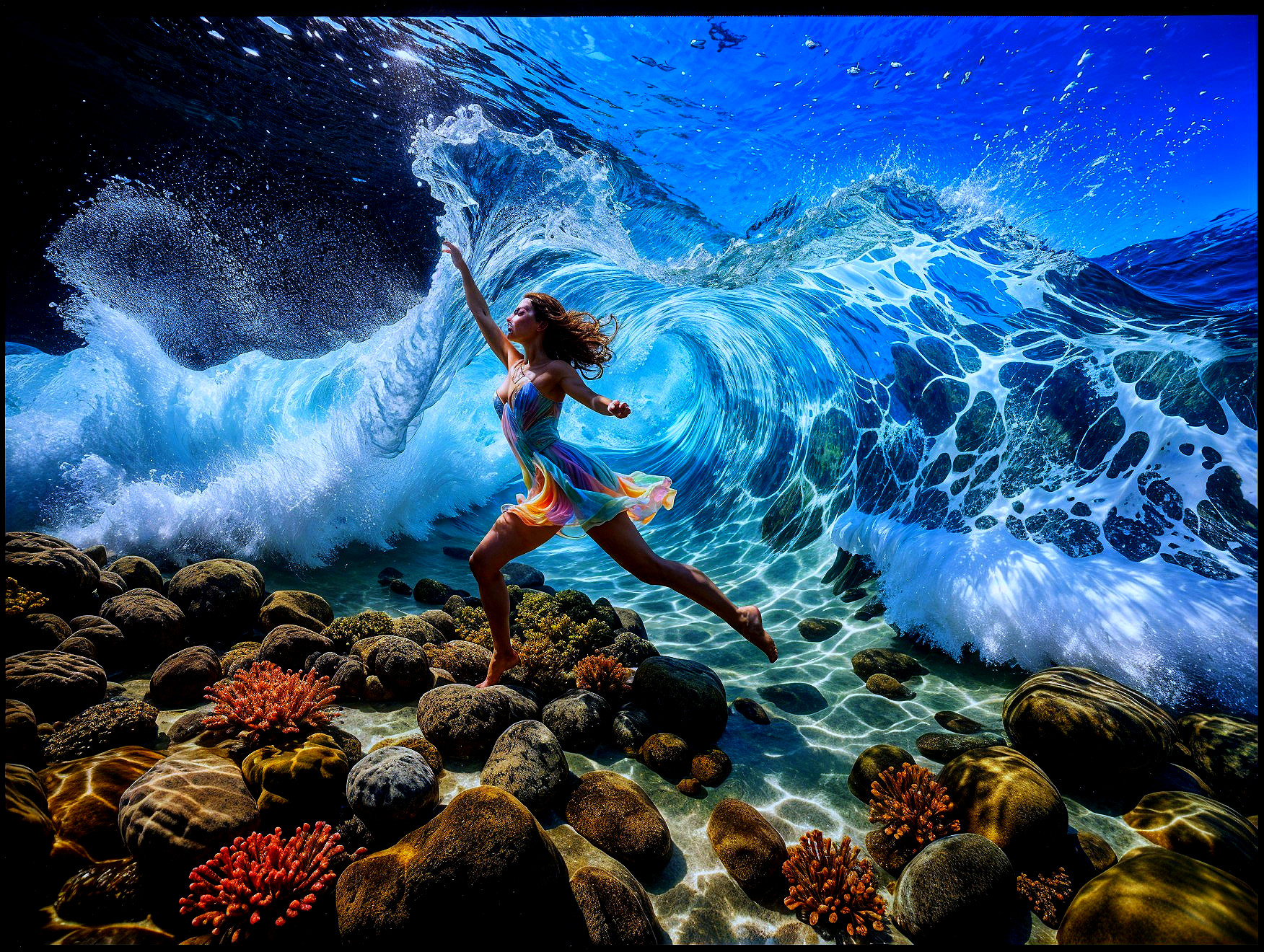 Underwater Scene with Woman in Colorful Dress