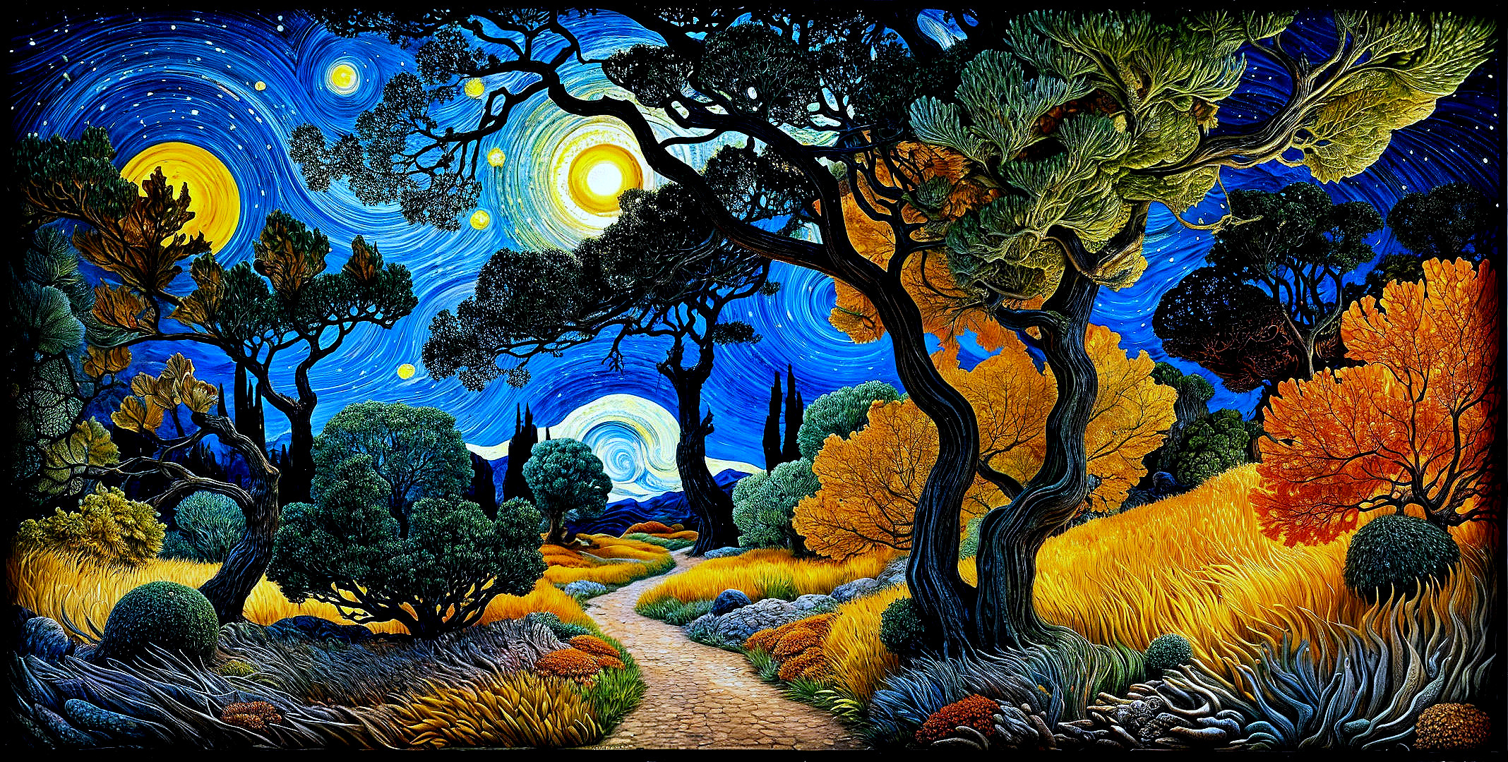 Vibrant Landscape with Swirling Skies and Colorful Foliage