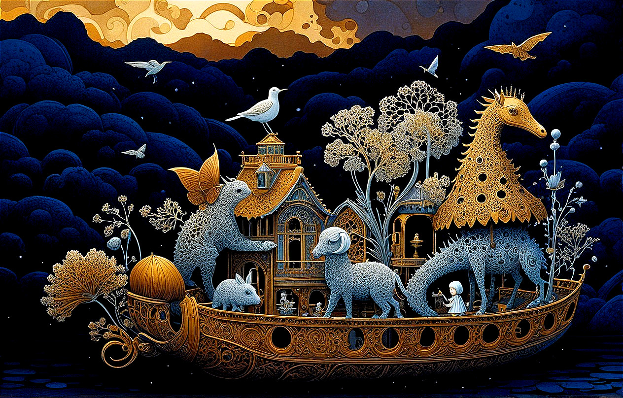 Whimsical Boat Scene with Playful Creatures and Trees