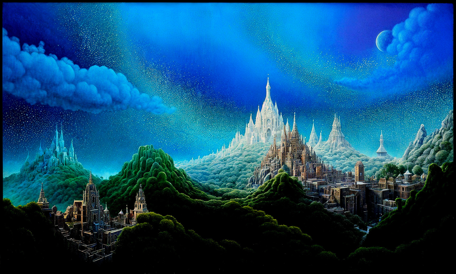 Fantastical Landscape with Mountains and Distant Planet