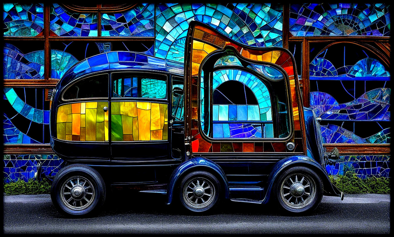 Whimsical Vehicle with Colorful Stained Glass Design