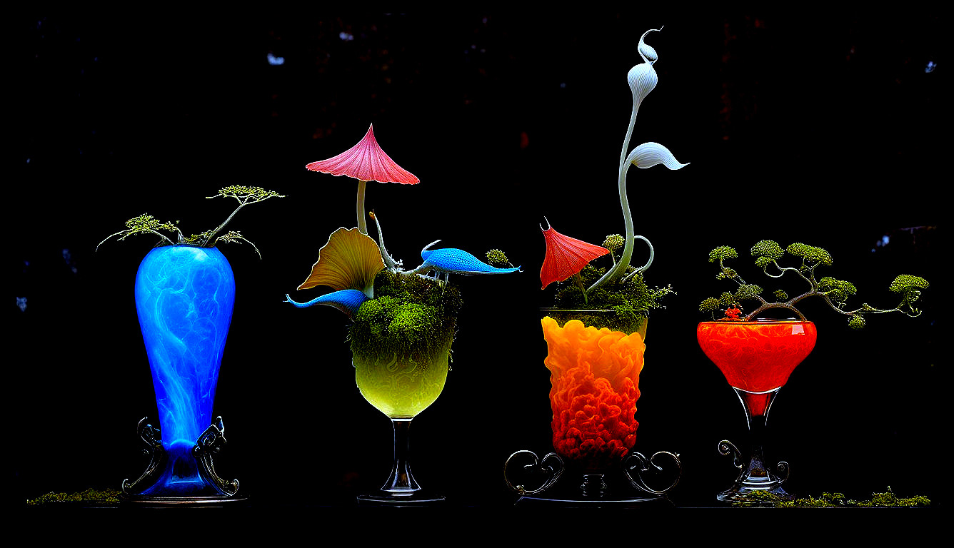 Intricately Designed Glass Vases with Colorful Arrangements