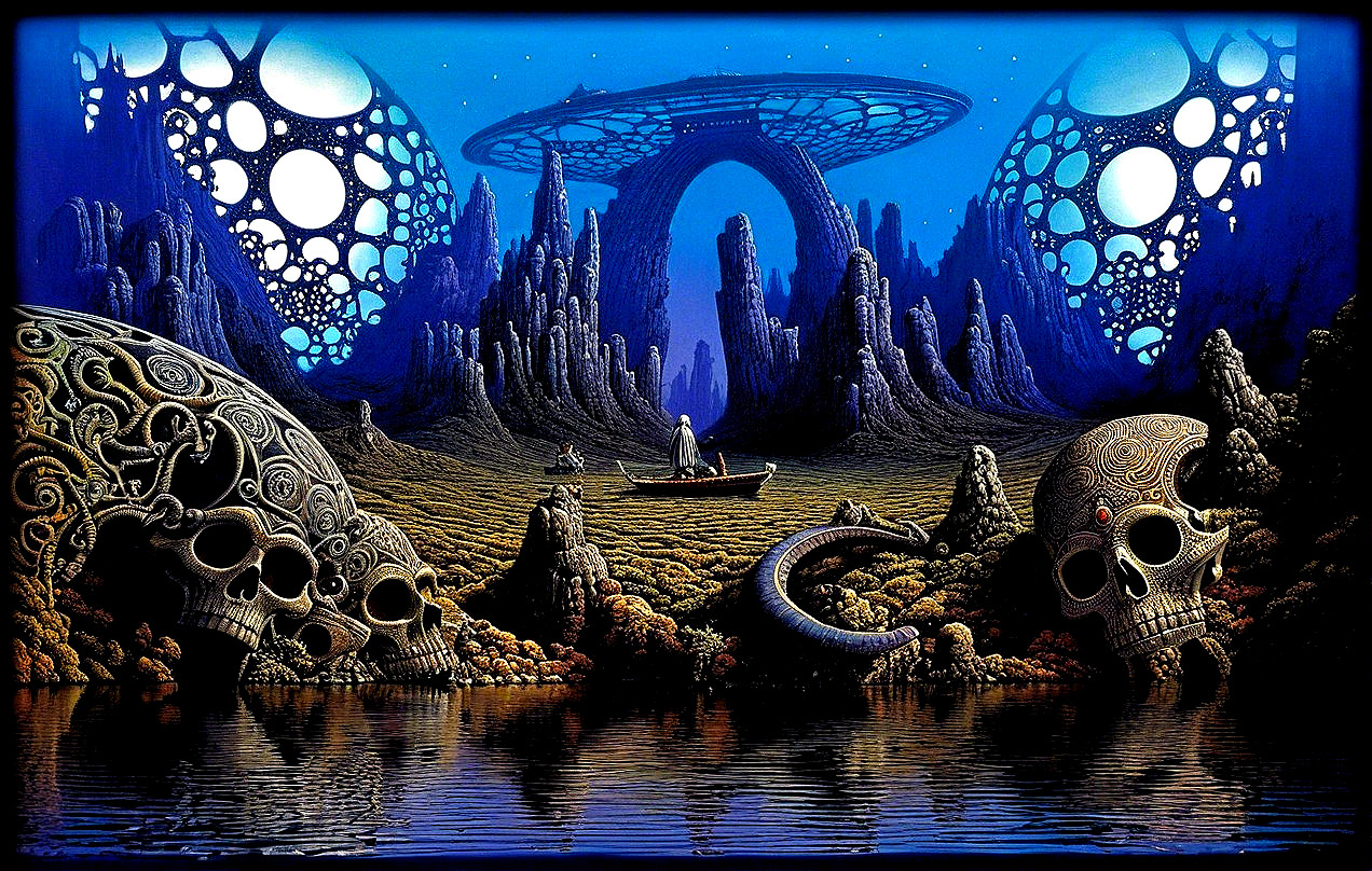 Surreal Landscape with Peaks, Skulls, and Starry Sky