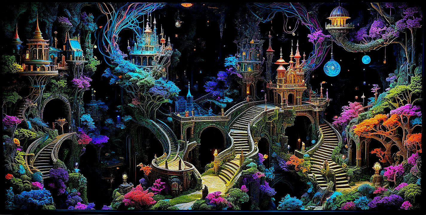 Vibrant Fantasy Landscape with Castles and Glowing Flora