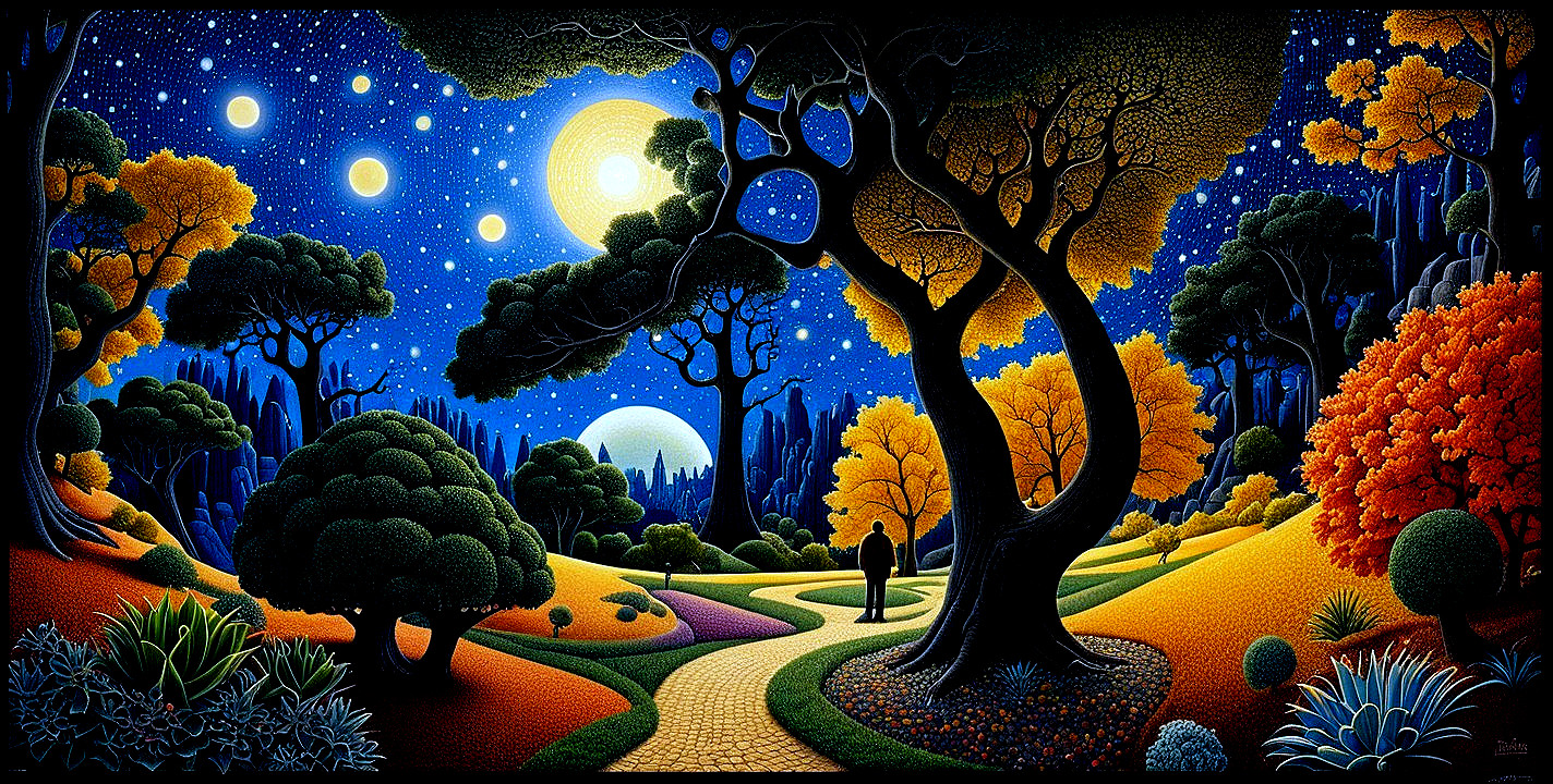 Surreal Dusk Landscape with Multiple Moons and Trees